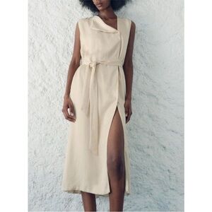 NWT Zara Cream Sleeveless belt midi Dress with open pleated back size small